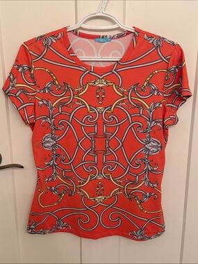 J. McLaughlin Versace-Inspired Short Sleeve Orange Tee with Baroque Chain Motif